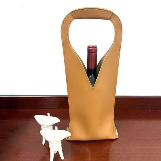 V-shaped Handle Wine Holder Faux Leather Tote Bag, Portable Carrier Pouch, Waterproof Packaging Bag Single Bottle Protector Sleeve for Champagne Beer