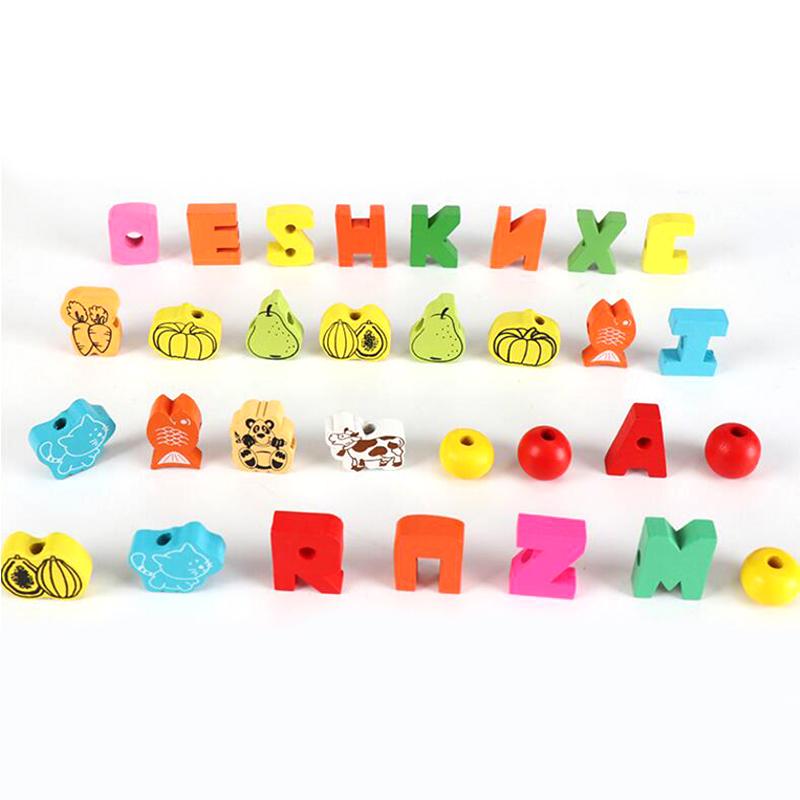 26 Stück Holzperlen Spielzeug Früchte Cartoon Muster DIY Schnur zum Auffädeln Holzperlen Montessori Lernspiele für Kinder TMZ