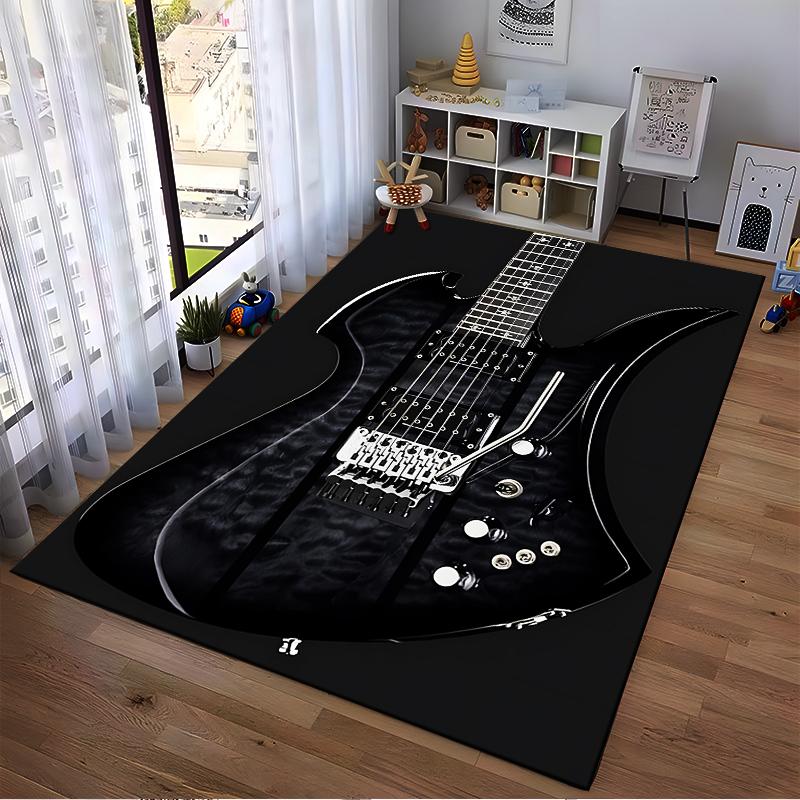 Black Electric Guitar Design Rug - Non-slip rug suitable for living room and bedroom sofas