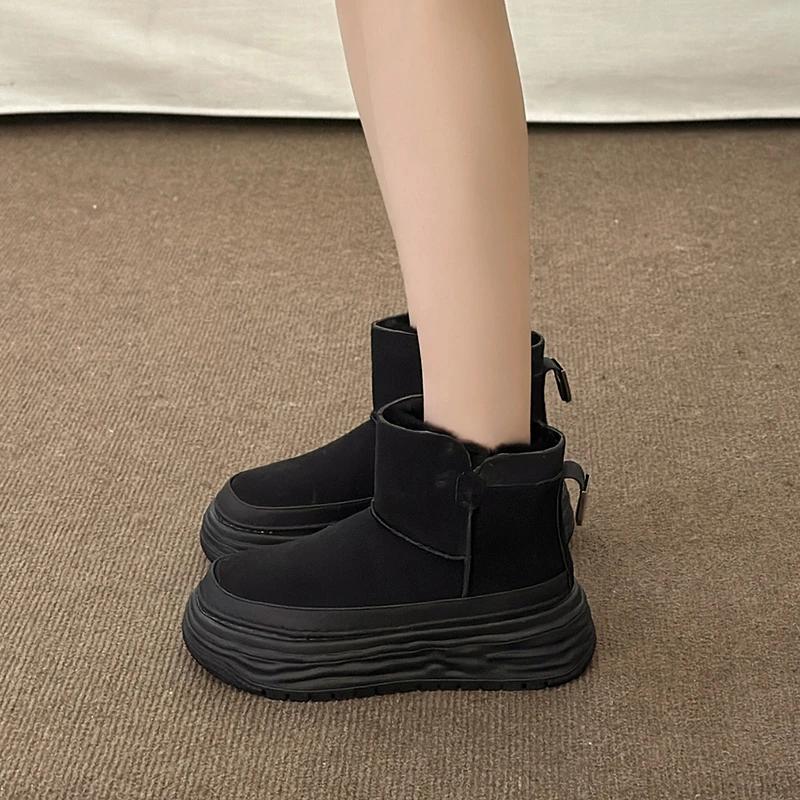 Shoes for Women 2024 New Zipper Women's Boots Winter Round Toe Solid Flock Plush Warm Mid Heel Water Proof Concise Snow Boots