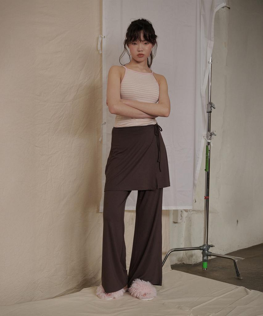 Okkitteu Layered Wrap Skirt Pants Brown