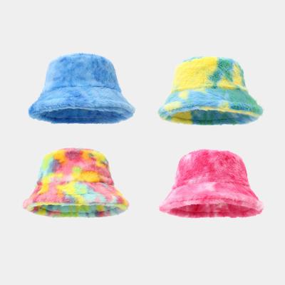 Tie Dye Fuzzy Plush Bucket Hat Women Warm Soft Fluffy Fisherman Hat Autumn Winter Colorful Trendy Outdoor Hat