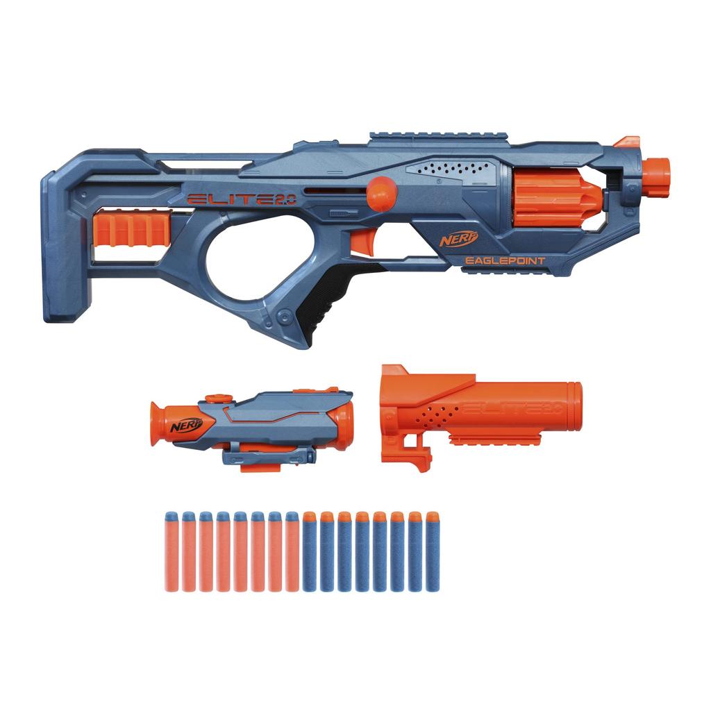 Hasbro Nerf Elite Eagle Point Pistolet na strzałki z lunetą Nerf Bolt Zabawka zewnętrzna dla chłopców i dziewcząt Wiek 2.0 RD-8 Bębenek na 8 strzałek, & Zbiornik, Akcja, 8+