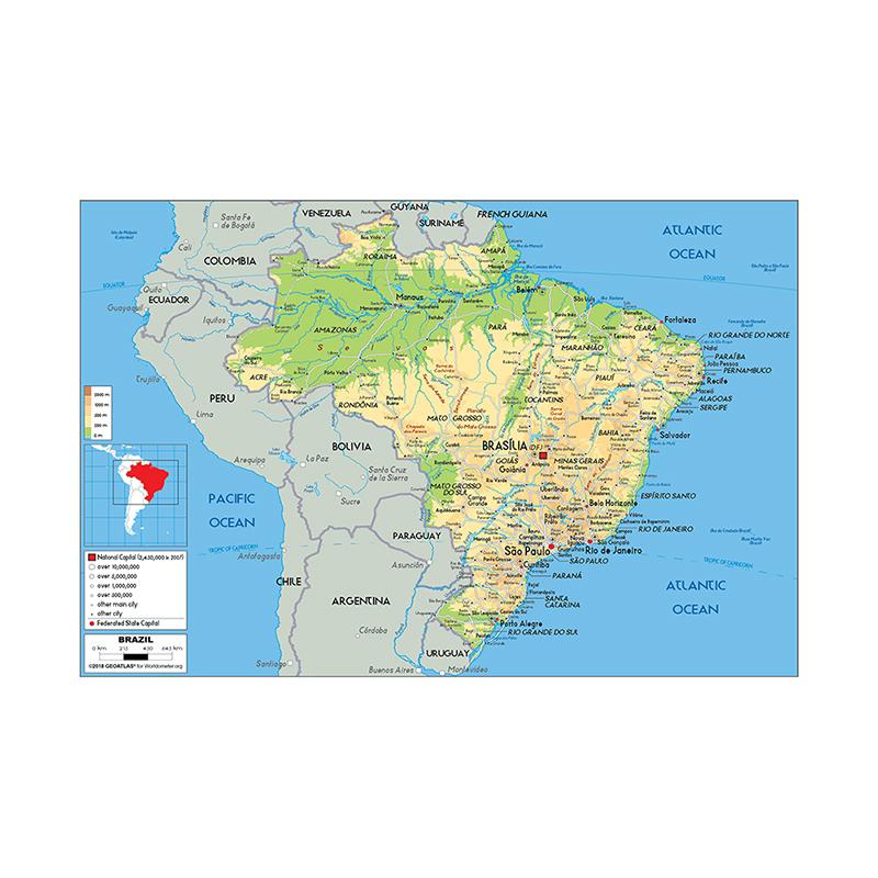Englische Karte Brasilien Karte Geografische Karte Leinwandbild Wohnzimmer Heimdekoration Kinder Schulbedarf