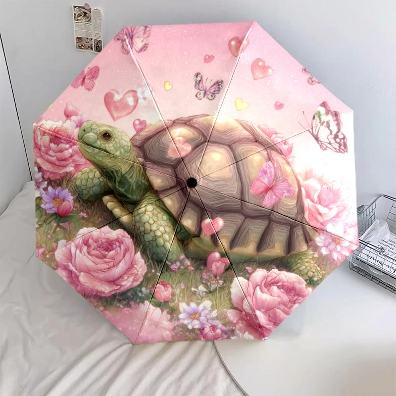Turtle and Flower Pattern, Automatic Folding Umbrella, Portable and Foldable Design, 8 Ribs, a Christmas or Birthday Gift.