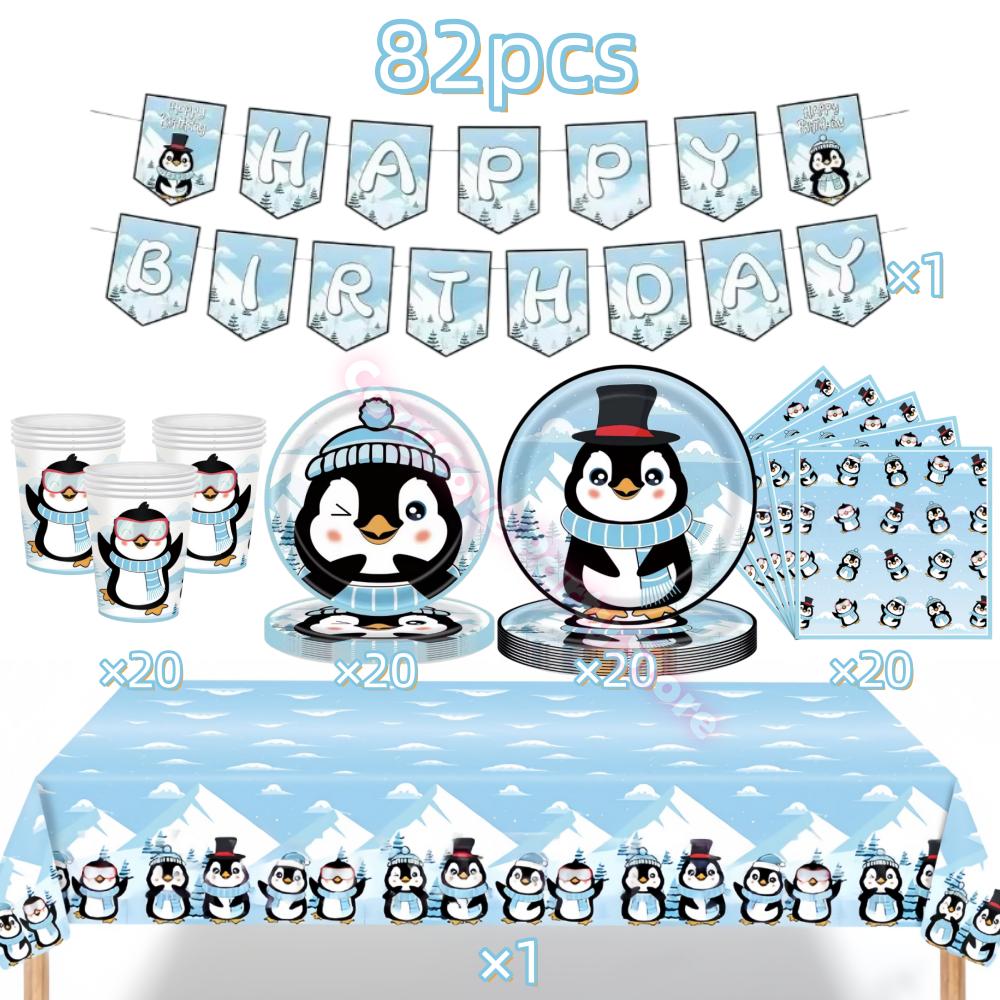 Penguin Theme Birthday Party Supplies Penguin Winter Xmas Banner Cup Plate Balloons For Kids Baby Shower Favor Gifts Photo Props