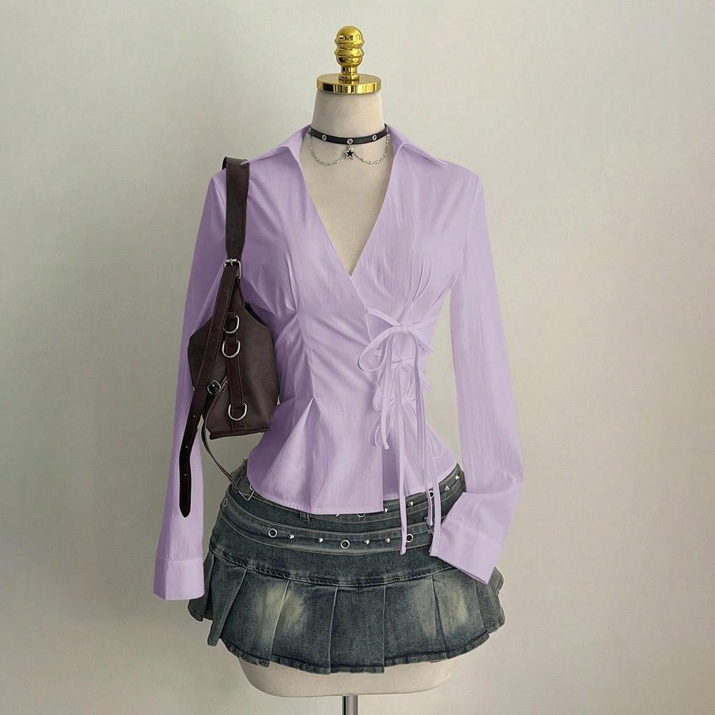Women's Casual Top, Versatile, Elegant, Waist Cinching Design, Solid Color Women's Shirt