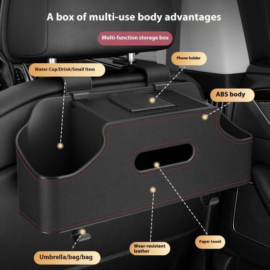 Car Back Seat Organizer with 2 Drink Cup Holder And Tissue Box Waterproof Faux Leather Car Storage Rack