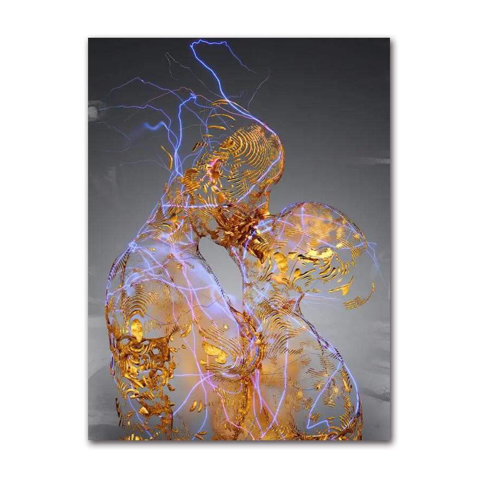 Abstract Metal Figure Statue Canvas Painting Poster and Prints Golden Portrait Sculpture Wall Picture for Living Room Home Decor