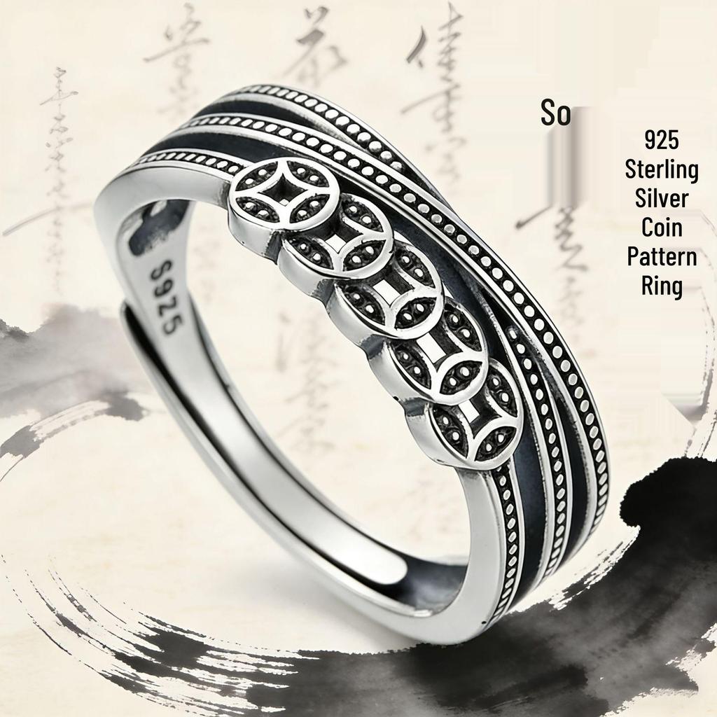 Ethnic Silver S925 Women's Ring: Retro Chinese Style with Wealth-Attracting Five Emperors Coins