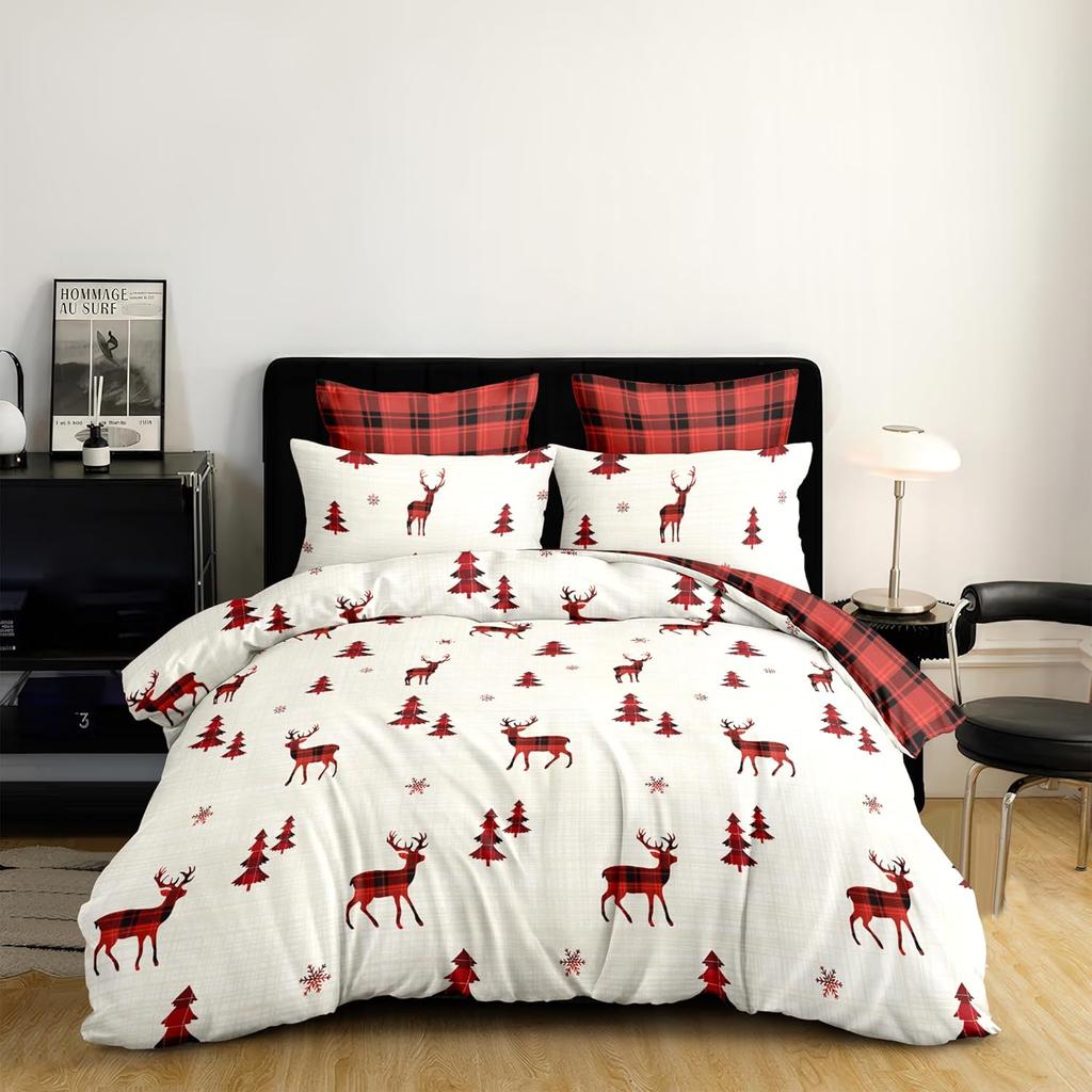 Christmas Duvet Cover Holiday Bedding Set Reversible Red Reindeer Christmas Tree Buffalo Check Plaid Duvet Cover Xmas Gifts