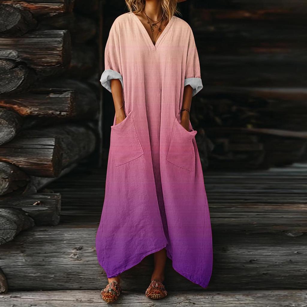 Damenkleid Lässig Fließende Kleider V-Ausschnitt Urlaub Boho Strand Sommerkleid