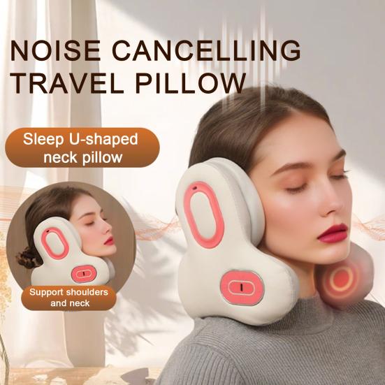 Travel Neck Pillow with Bluetooth-compatible Noise Canceling Headset U-Shape Memory Foam Airplane Pillows Home Flight Car Head Support Heating Music b