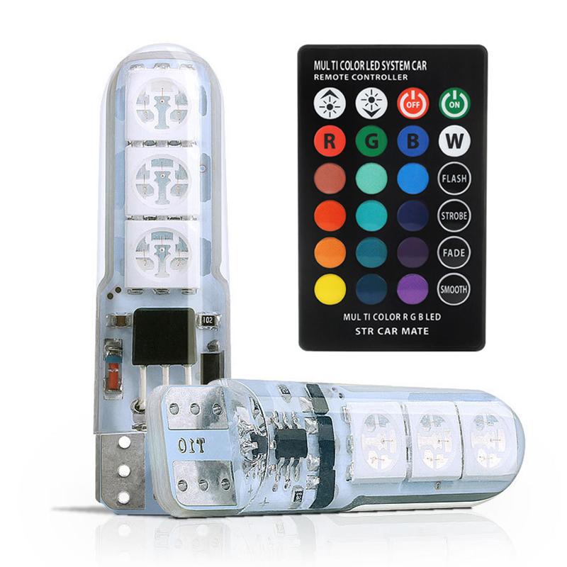 2/4Pcs  T10 Silicone 5050-6Smd Remote Control Reading Light Rgb Colorful License Plate Mini Lamp For Car/Motorcycle