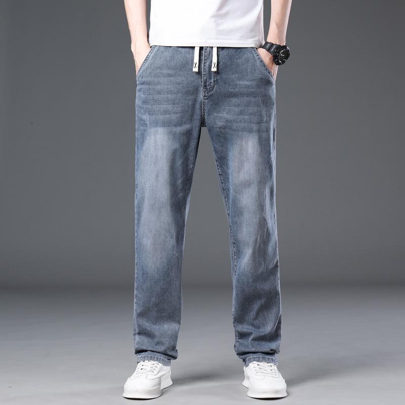 

Джинсы с эластичной талией на молнии для мужчин, свободные прямые брюки с высокой талией, застежка-молния на пуговицу, несъемный свободный ремешок XL бездна