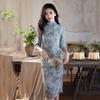 Elegant Blue Chinese-Inspired Modern Cheongsam Dress Women Slim Fit Vintage Style With Stand Collar Side Slit