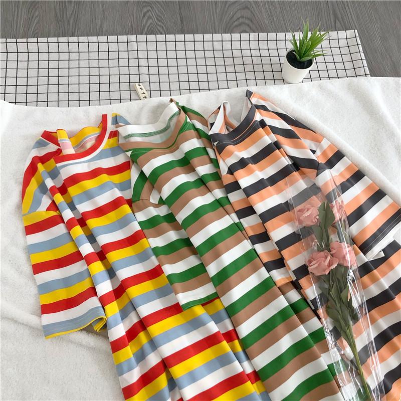 Summer Women's Colorful Stripes Casual Loose Short Sleeve Female T-shirt Y2k Tops Tees Women 90s T-shirts Harajuku Women T Shirt