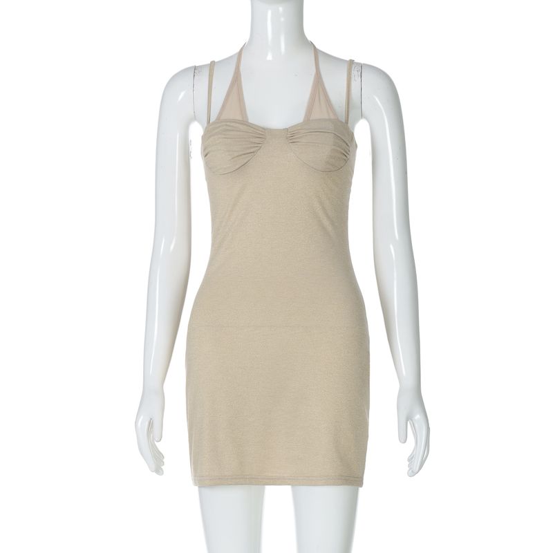 

Shemoda Fashion Ins Style Sexy Hollow-out Backless off-Neck Patchwork Halter Spaghetti Straps Dress Hip Skirt Apricot color L