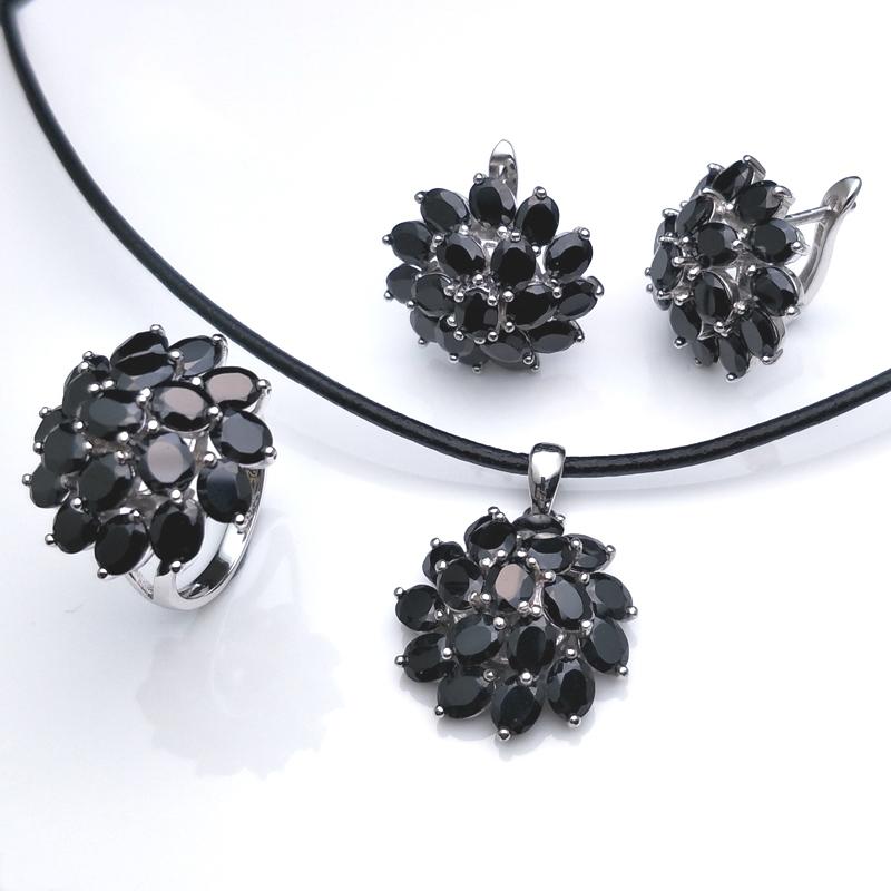 Natürlicher schwarzer Spinell-Edelstein, edles Schmuckset aus 925er Sterlingsilber, bester Ring, Anhänger, Ohrringe für Frauen, täglicher Party-Look