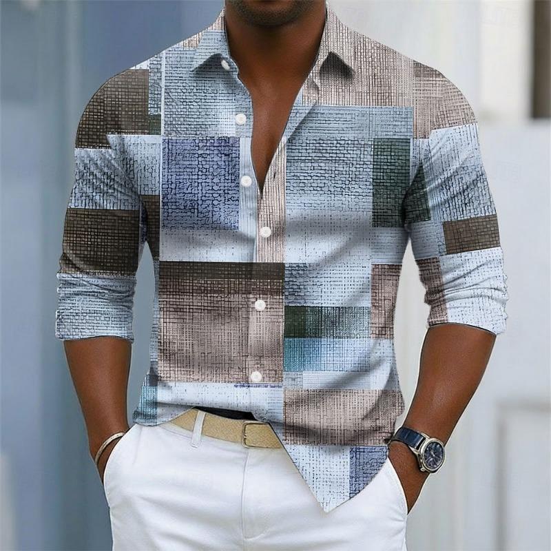 Camicia da uomo a blocchi di colore geometrici, a quadri, a quadretti, con bottoni, a maniche lunghe, alla moda, casual, autunnale, con stampa 3D, con colletto
