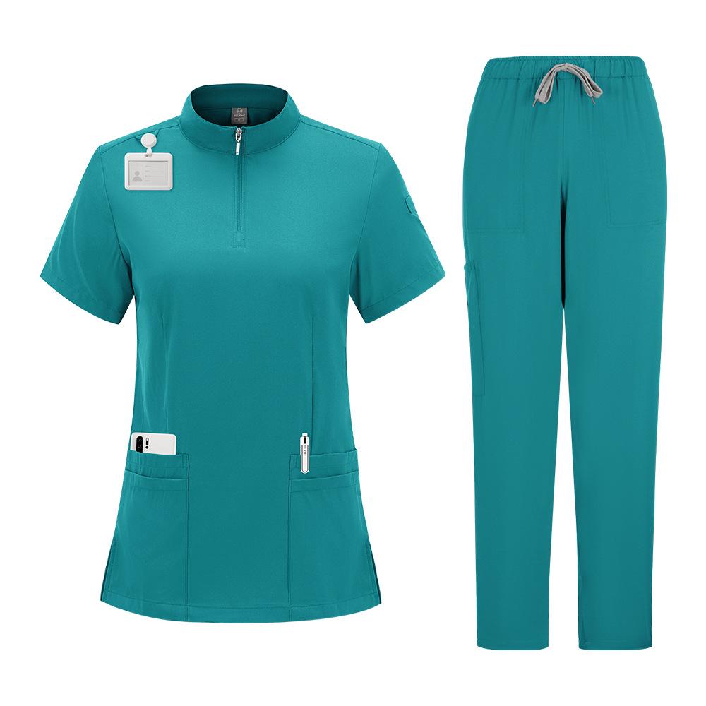 Elastic Zipper Scrub Suit with Stand-up Collar for Medical Professionals