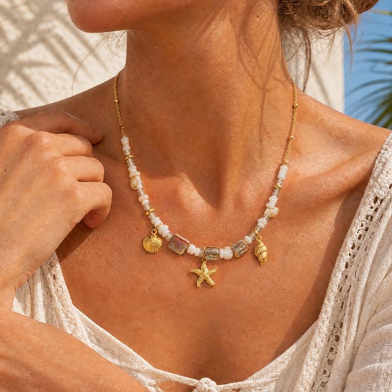 SA Jewelry Fashion Jewelry Set for Women Starfish Shell Pendant Beaded Necklace Bracelet 18K Gold Plated Boho Gift