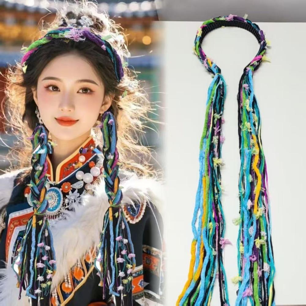 

Boho Style Chinese Tibetan Hairband Long Tassel Candy Colored Braid Hairband Colorful Ribbon Weaving