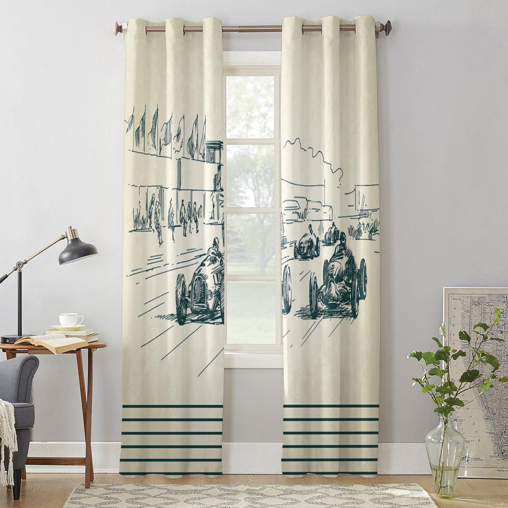 Vintage Racing Retro Style Window Curtain Bedroom Living Room Window Drapes Kitchen Decoration Blinds Curtain