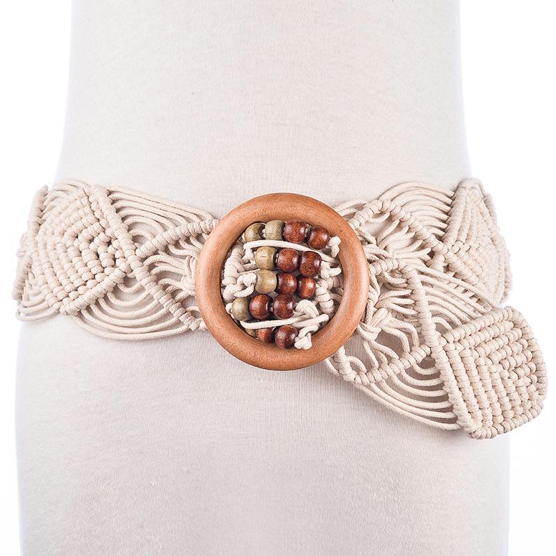 Ethnic Handmade Wax Rope Belt with Wood Buckle and Beads