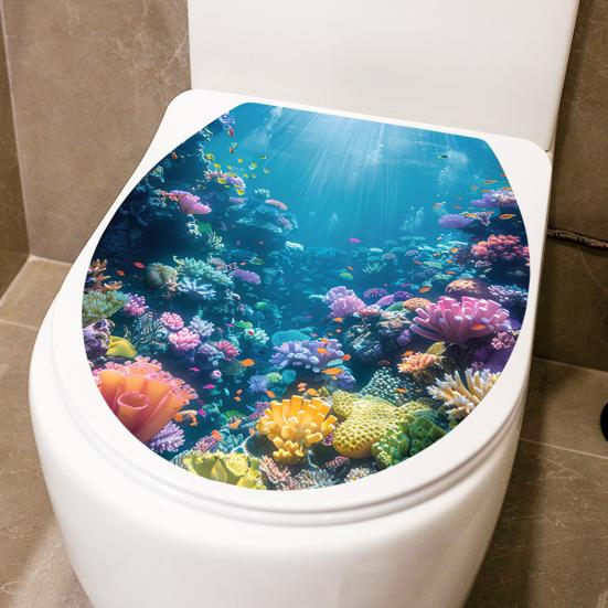 Nicht verblassende Heim-Badezimmer-Ornamente Meereswelt Toiletten-Aufkleber, Einfach abziehen & aufkleben Toilettendeckel Waschbare Schüssel-Dekorationen Aufkleber, Meereslandschaft Wandaufkleber