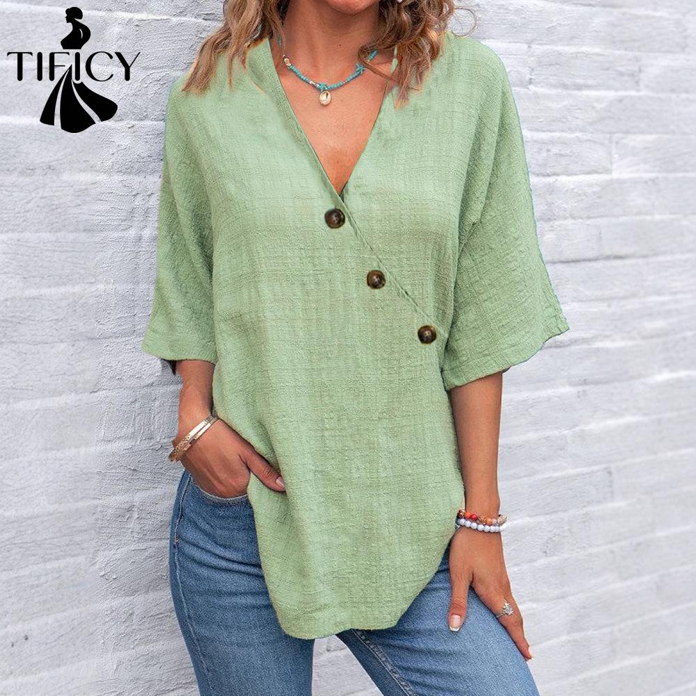 TIFICY Women's Fashion Casual Summer Spring Solid Color Print 1/2 Sleeves V-Neck Blouses & Shirts