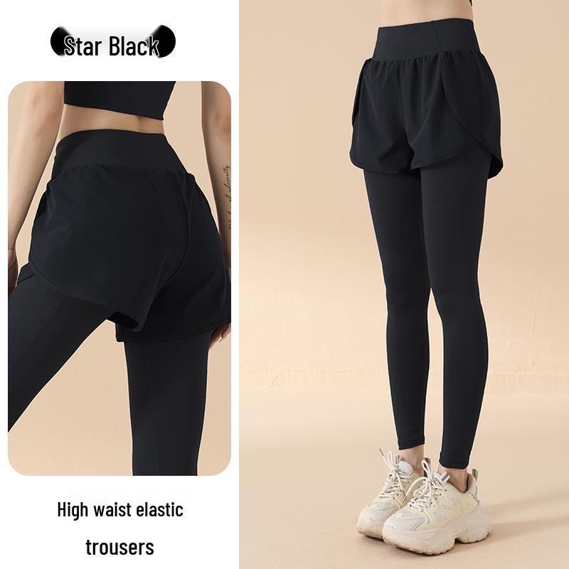 2025 High Waist Yoga Pants: Fake Two-Piece, Elastic, Hip-Lifting, Tummy Control, Nude Feel, Anti-Exposure Running and Fitness Wear