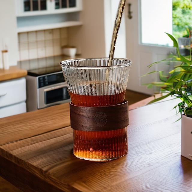 Chinese Style Insulated Glass Cup: Anti-Scald Vertical Stripe Tea, Water, Juice & Coffee Cup for Living Room Use
