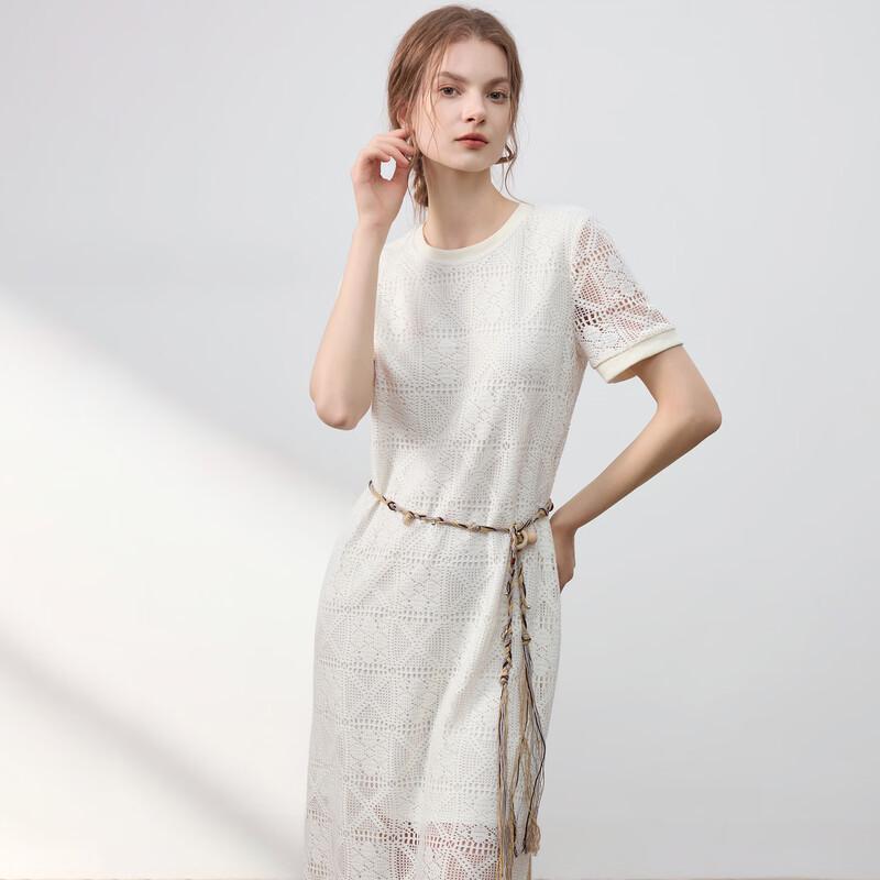 Women s Summer Hollow Lace Crochet Round Neck Mid-Length Dress M