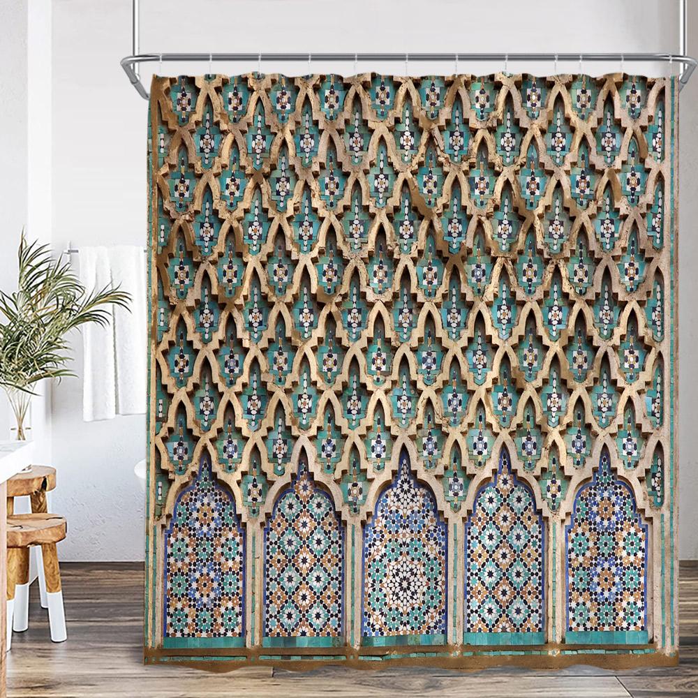 3D Moroccan Vintage Shower Curtain Aged Gate Geometric Pattern Doorway Design Entrance Architectural Oriental Style Bathroom Cur