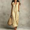Damen Gestreiftes Baumwoll-Leinen Maxikleid Ärmellos Rüschen V-Ausschnitt Langes Kleid Boho Strand Fließendes Sommerkleid mit Taschen