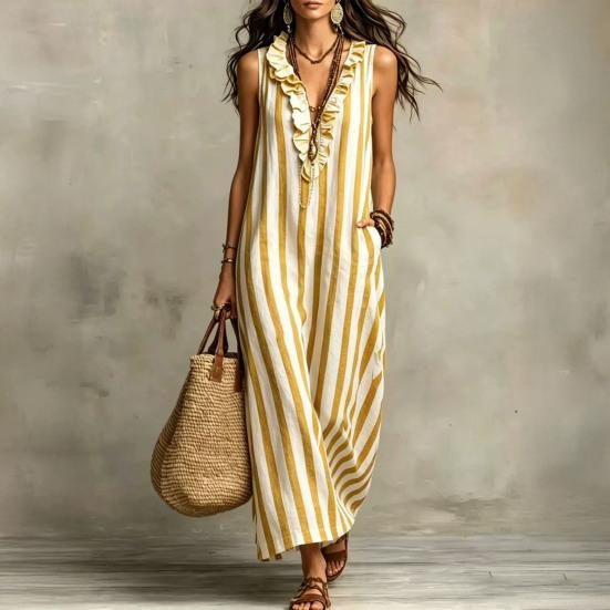 Damen Gestreiftes Baumwoll-Leinen Maxikleid Ärmellos Rüschen V-Ausschnitt Langes Kleid Boho Strand Fließendes Sommerkleid mit Taschen