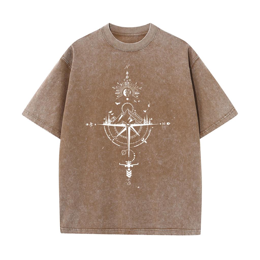 American Vintage Washed T Shirt Compass Mountain Graphic Streetwear Oversized Tee