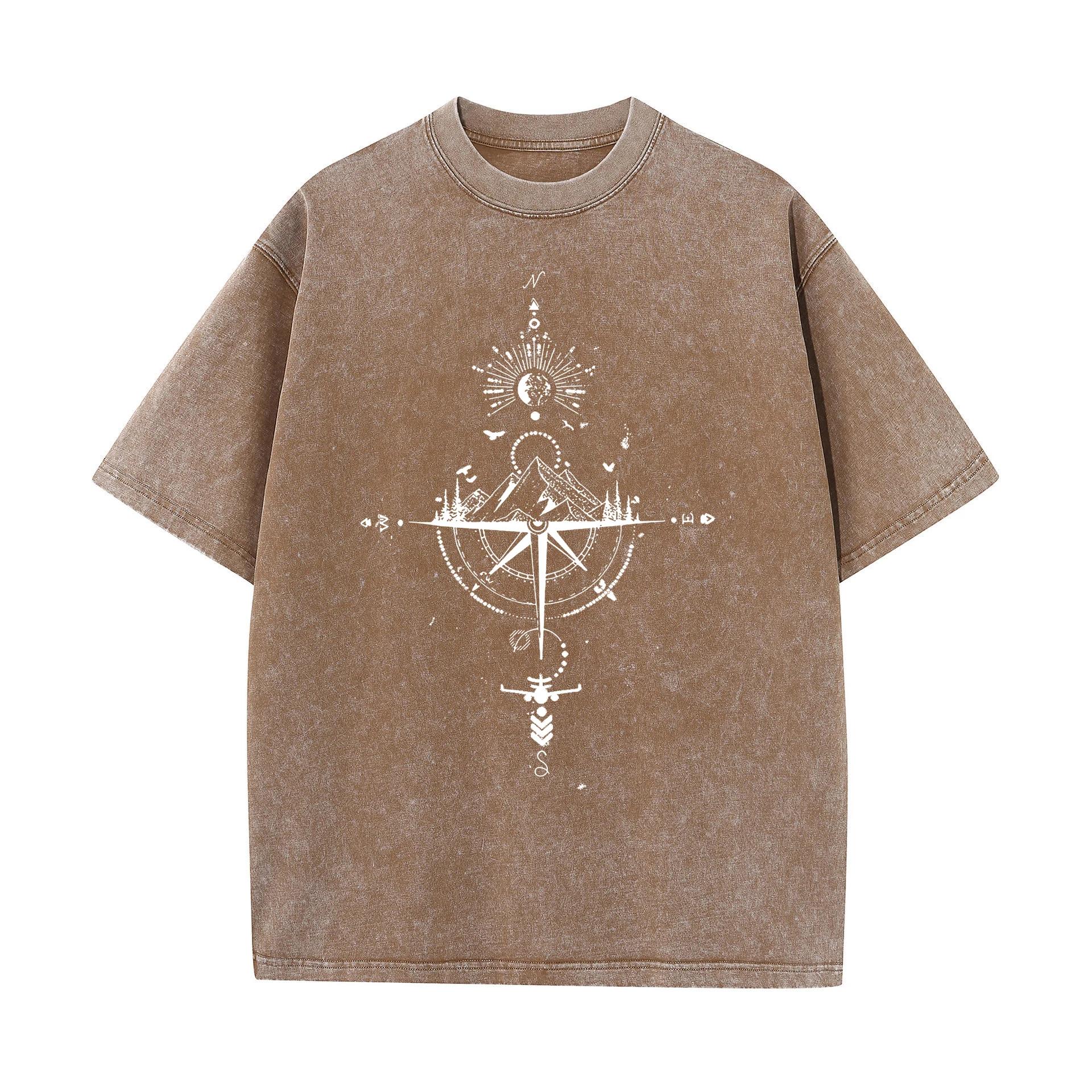 

American Vintage Washed T Shirt Compass Mountain Graphic Streetwear Oversized Tee S