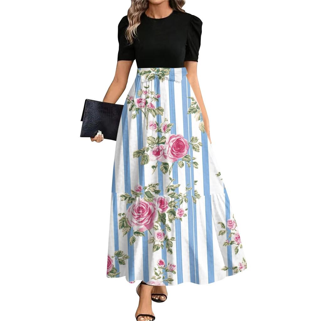 Damen Modisches Lässiges Gürtel Kurzärmeliges Rundhals Print Elegantes Temperament Kleid