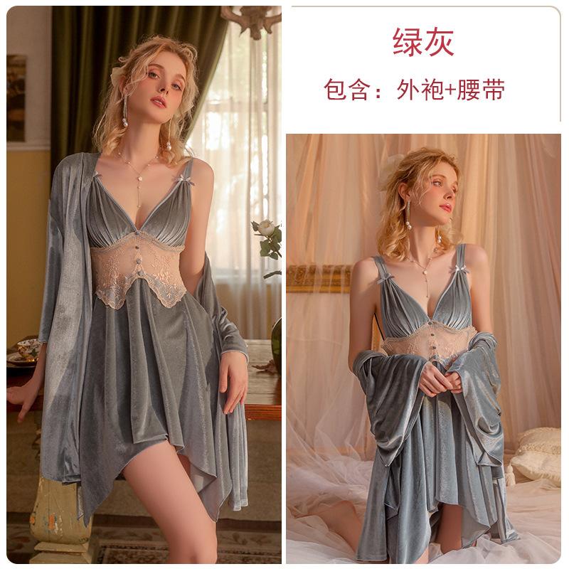 Women's Velvet Padded Backless Cami Sleep Dress with Robe Lounge Set