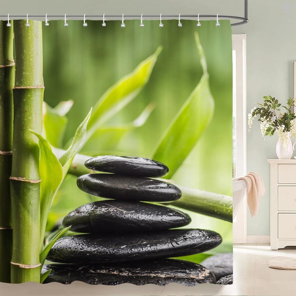 3D Flower Bamboo Pebble Water Green Plant Shower Curtain Waterproof Polyester Curtain Home Decoration