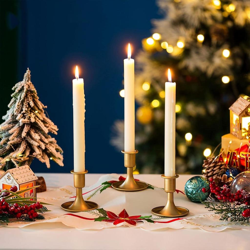 2PCS Gold Taper Candle Holder Short Skinny Brass Candlestick Holders for Wedding Party Holiday Dinning Table Decor