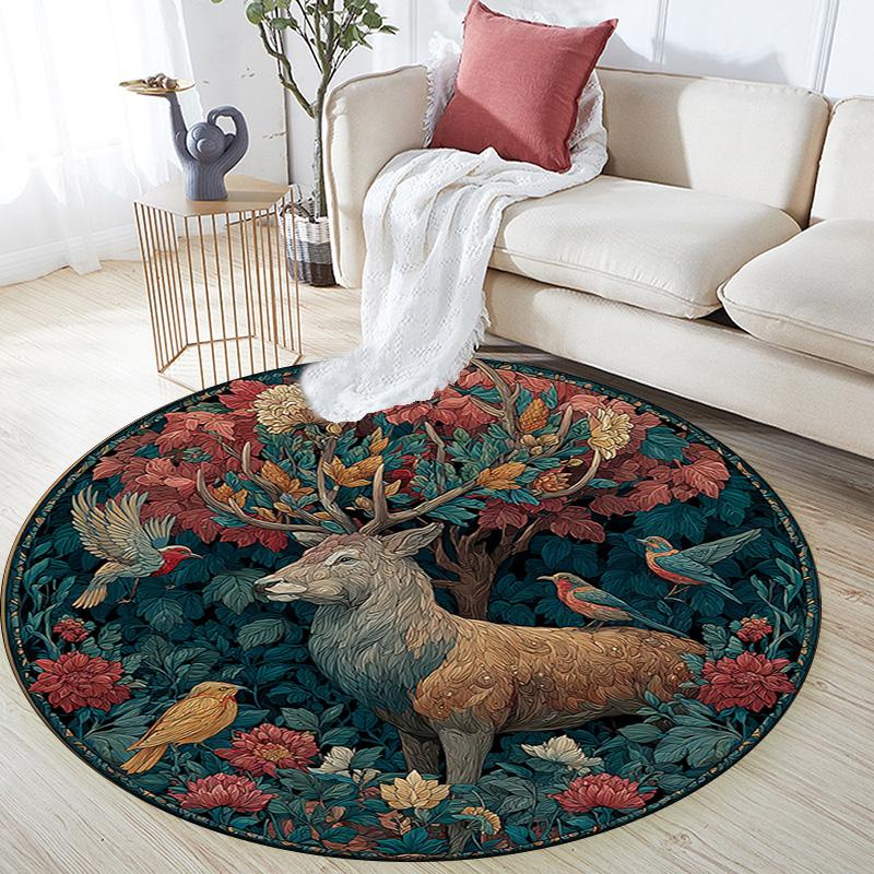Deer in the Garden Round Area Rug,Carpet Rug for Living Room Bedroom Sofa Playroom Decor,Non-slip Floor Mat