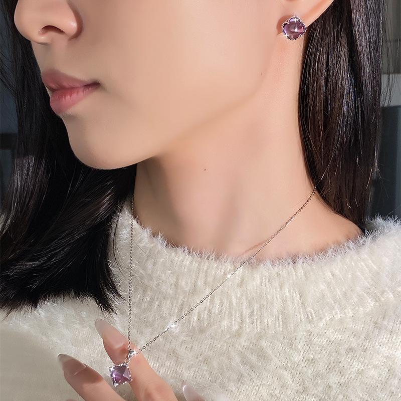 S925 Sterling Silver Natural Amethyst Sugar Tower Square Necklace Women's Simple Versatile Collarbone Chain Clear Sense Jewelry Set