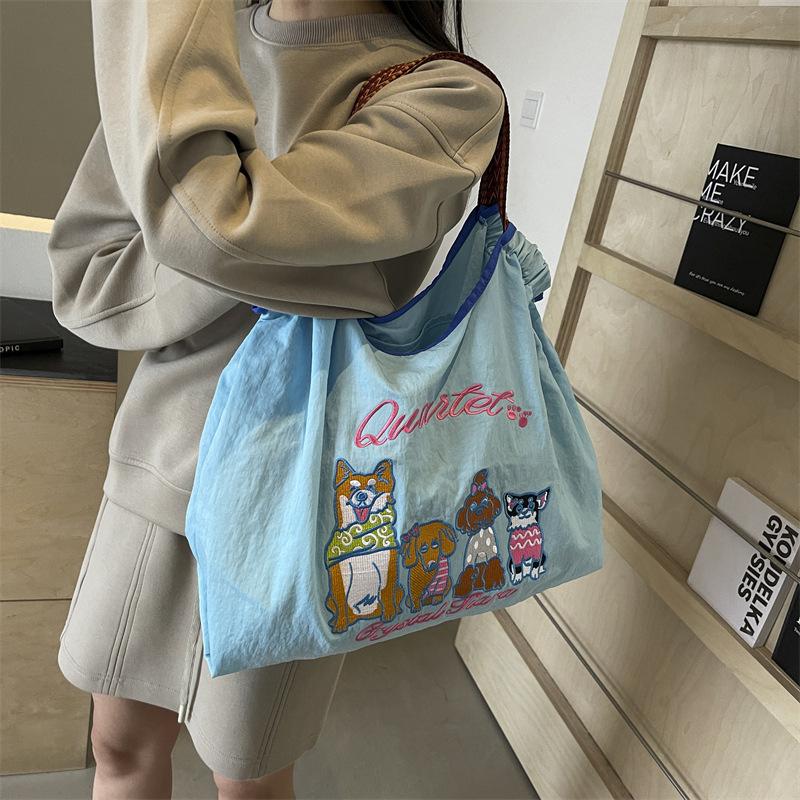 Cartoon Cute Embroidered Bag Women's Spring and Autumn Shopping Bag Casual Portable Shoulder Bag Simple Commuting Versatile Large Capacity