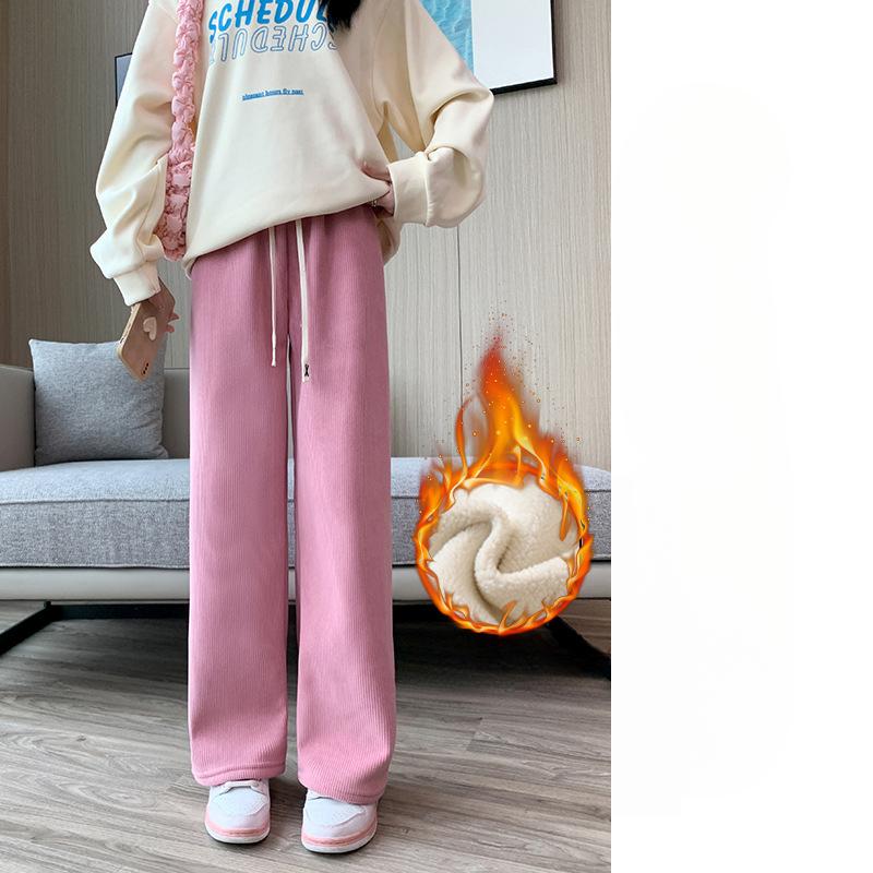 Plus Velvet Wide-leg Pants Women's Autumn and Winter High-waist Drape Loose and Thin Corduroy Straight Mopping White Casual Pants