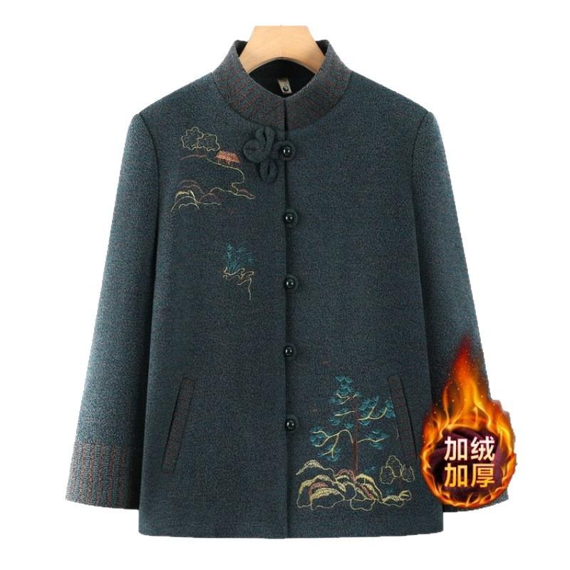 Middle aged man spring and autumn woolen coat grandma Tang clothing autumn and winter velvet old lady top mother clothes women