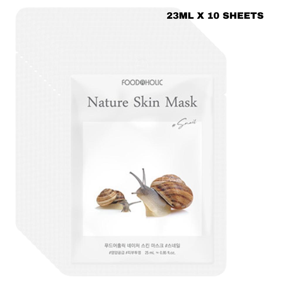 FoodaHolic Nature Skin Mask Snail 23ml X 10 Sheets - Recovering & Firming Facial Sheet Mask Pack for Skin Elasticity (10 Sheets)