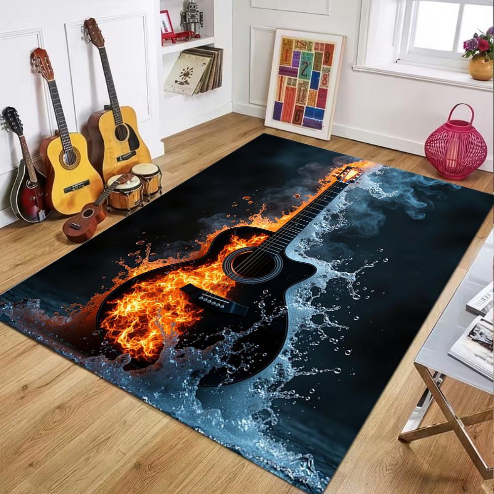 Vintage Guitar Area Rug Music Theme Home Decor Carpet Ethnic Floral Hidden Print Soft Non-slip Floor Mat for Living Room Bedroom